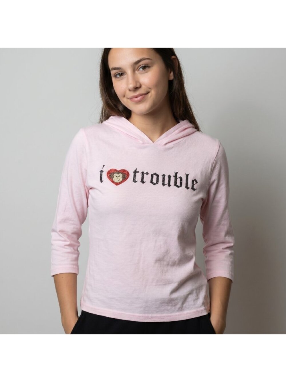 Streetwear Society Women's Sheer Pink Hooded Top 'I Love Trouble' size Juniors L